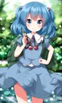  1girl backpack bag blue_eyes blue_hair blue_shirt blue_skirt blurry blurry_background closed_mouth commentary_request hair_bobbles hair_ornament highres kawashiro_nitori key looking_at_viewer no_headwear pocket ruu_(tksymkw) shirt short_sleeves skirt smile solo touhou two_side_up v-shaped_eyebrows 