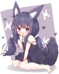  1girl :d animal_ears bare_arms bare_legs bare_shoulders barefoot between_legs black_dress black_hair blush dress fang flat_chest from_side full_body hair_between_eyes hand_between_legs hand_up long_hair looking_at_viewer low_twintails miria_(mamamamave) open_mouth original pleated_dress purple_eyes short_dress shoulder_blush sidelocks sitting skin_fang smile solo spaghetti_strap strap_slip tail twintails wariza 