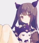  2girls absurdres animal_ears blue_bow blue_bowtie blunt_bangs bow bowtie closed_mouth crossover expressionless frederica_bernkastel grey_background hair_between_eyes highres knees_up kuromi long_hair looking_at_viewer multiple_girls purple_eyes purple_hair sanrio shikkuro69 sidelocks simple_background umineko_no_naku_koro_ni 