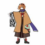  1other adapted_costume androgynous blue_scarf boots brown_coat brown_hakama coat cocopalm full_body green_footwear green_kimono hairband hakama hakama_skirt highres japanese_clothes kimono len&#039;en long_sleeves medium_hair no_nose open_clothes open_coat orange_eyes orange_hair other_focus red_hairband red_ribbon ribbon scarf shorts simple_background sketch skirt solo white_background white_shorts wide_sleeves zuifeng_tenkai 