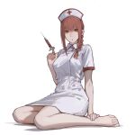  1girl alternate_costume barefoot braid breasts chainsaw_man collared_dress commentary dress english_commentary feet full_body hair_between_eyes hair_over_shoulder hand_on_own_leg hand_up hat holding holding_needle legs long_hair looking_at_viewer makima_(chainsaw_man) medium_breasts needle nurse nurse_cap on_ground orange_hair shadow shoarts short_dress short_sleeves simple_background solo toes white_background white_dress white_headwear 