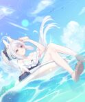  1girl animal_ears bird black_bow blue_archive blue_one-piece_swimsuit bow breasts cellphone censored cloud day fake_animal_ears frilled_one-piece_swimsuit frills grey_hair hair_bow holding holding_phone innertube long_hair miyako_(blue_archive) miyako_(swimsuit)_(blue_archive) ocean one-piece_swimsuit outdoors phone ponytail purple_eyes side_ponytail sky small_breasts smartphone smartphone_case smile solo swimsuit tautiki water 