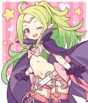 1girl belt blush cape commission cowboy_shot english_commentary fire_emblem fire_emblem_awakening flat_chest gloves green_hair heart highres long_hair looking_at_viewer navel nowi_(fire_emblem) one_eye_closed onyhakase open_mouth pointy_ears ponytail purple_eyes second-party_source short_shorts shorts skeb_commission smile solo star_(symbol) 