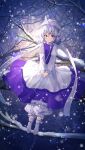  1girl absurdres blue_dress blue_eyes blue_hair closed_mouth dress highres letty_whiterock looking_at_viewer nettian51 shirt short_hair smile snow snowing solo touhou tree white_shirt 