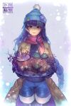  1girl absurdres blue_headwear breasts brown_coat candy candy_cane coat cowboy_shot cup cupcake dated_commentary denim food genshin_impact gingerbread_man highres holding holding_tray jeans large_breasts long_hair looking_at_viewer mug open_clothes open_coat pants parted_lips purple_eyes purple_hair purple_scarf radishkek raiden_shogun scarf solo standing thighs tray very_long_hair 