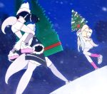  3girls animal_ear_fluff animal_ears black_jacket blonde_hair carrying christmas_tree commentary cropped_jacket dog_ears dog_girl dog_tail dress dutch_angle english_commentary fishnet_thighhighs fishnets fuwawa_abyssgard hand_in_pocket highres hololive hololive_english inugami_korone inugami_korone_(1st_costume) jacket looking_at_another ludokano meme mococo_abyssgard multiple_girls night night_sky oh?_you&#039;re_approaching_me?_(meme) outdoors piggyback pink_socks shoes shorts siblings single_thighhigh sisters sky sneakers snow socks tail thighhighs virtual_youtuber white_dress white_footwear white_shorts yellow_jacket 