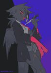 absurd_res anthro avian beak biped black_background black_body blue_background clothed clothing female hi_res holding_knife holding_object kaltespur knife open_beak open_mouth red_eyes scar simple_background solo wings