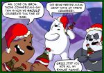 2019 absurd_res anthro beverage black_nose black_text cartoon_network christmas christmas_clothing christmas_headwear clothing coca-cola dialogue digital_drawing_(artwork) digital_media_(artwork) english_text green_outline grizzly_(wbb) group hat headgear headwear hi_res holding_beverage holding_object holding_soda holidays ice_bear male male_focus mightyfilm mountain open_mouth outline outside panda_(wbb) parody pink_tongue santa_hat snow snowing soda_bottle speech_bubble standing text tongue trio we_bare_bears