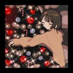  1girl black_border border brown_hair brown_hoodie candy candy_cane christmas_ornaments christmas_tree commentary food from_side heart highres hood hood_down hoodie hugging_object long_hair long_sleeves maple_(abc2215) original sleeves_past_wrists solo sparkle symbol-only_commentary upper_body 