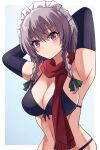  1girl armpits arms_up blue_bra blue_eyes blue_gloves blue_hair blue_panties bra elbow_gloves expressionless gloves happy_ginko highres izayoi_sakuya looking_at_viewer panties perfect_cherry_blossom red_scarf scarf solo stomach touhou underwear white_background 