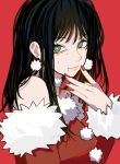  1girl absurdres aegyo_sal bare_shoulders black_hair chainsaw_man christmas_sweater earrings green_eyes highres jewelry long_hair looking_at_viewer multiple_moles red_background red_nails sailen0 santa_claus_(chainsaw_man) 