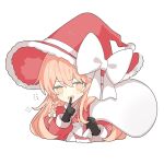  1girl adapted_costume black_gloves blonde_hair bow christmas finger_to_mouth gloves hat highres holding holding_sack jacket kirisame_marisa large_bow long_hair red_headwear red_jacket sack santa_costume shirocha_tei shushing solo touhou white_background white_bow witch_hat yellow_eyes 