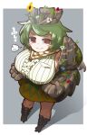  1girl blush_stickers border breasts brown_eyes clawed_feet clenched_hands closed_mouth flower garangolm green_hair grey_background highres horns large_breasts looking_at_viewer monster_hunter_(series) monster_hunter_rise moss no_pupils personification pleated_shirt puff_of_air rock rock_arms scarf short_hair skirt smile solo standing two-tone_scarf user_srad7325 white_border white_scarf yellow_scarf 