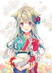  2017 animal animal_ears bird blonde_hair blue_kimono blush camellia cherry_blossoms chick chicken chinese_zodiac commentary_request floral_background flower hair_flower hair_ornament holding holding_animal japanese_clothes kimono leaf_print long_hair multicolored multicolored_clothes multicolored_kimono new_year obi open_mouth original red_eyes red_flower red_kimono reia rooster sash solo upper_body year_of_the_rooster 