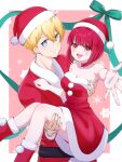  1boy 1girl arima_kana blonde_hair blue_eyes bob_cut boots carrying dress green_ribbon hat highres hoshino_aquamarine inverted_bob looking_at_viewer merry_christmas open_mouth oshi_no_ko princess_carry red_eyes red_hair ribbon santa_boots santa_costume santa_dress santa_hat short_hair smile watano_yuki 