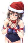  1girl black_hair blue_eyes blush bow bowtie christmas covered_navel fur-trimmed_headwear fur_trim hat heart highres light_smile long_hair looking_at_viewer one-piece_swimsuit original ribbon santa_hat school_swimsuit simple_background solo swimsuit v white_background yukemuriganmo 