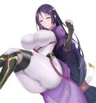  1girl arm_guards armor blush bodysuit breasts fate/grand_order fate_(series) huge_breasts japanese_armor long_hair looking_at_viewer low-tied_long_hair minamoto_no_raikou_(fate) parted_bangs purple_bodysuit purple_eyes purple_hair rope sano_jinya simple_background skin_tight smile solo thighs very_long_hair white_background 