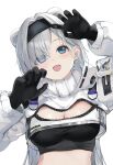  1girl animal_ears ark_mmmm arknights aurora_(arknights) bear_ears bear_girl black_gloves black_hairband black_sports_bra blue_eyes breasts claw_pose cleavage cleavage_cutout clothing_cutout commentary_request cropped_jacket extra_ears eyes_visible_through_hair gloves grey_hair hair_behind_ear hair_intakes hair_ornament hair_over_one_eye hairband hairclip hands_up highres jacket large_breasts long_hair long_sleeves looking_up midriff open_mouth parted_bangs simple_background smile solo sports_bra unzipped upper_body white_background white_jacket 