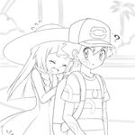  1girl ? footprints greyscale hat koudzuki_(reshika213) lillie_(pokemon) long_hair monochrome pokemon pokemon_(anime) pokemon_sm_(anime) satoshi_(pokemon) sun_hat 