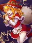  1girl adapted_costume apron capelet dress english_text fur-trimmed_capelet fur_trim holding holding_sack kirisame_marisa kuya_(hey36253625) looking_at_viewer merry_christmas red_capelet red_dress red_headwear sack santa_costume smile solo star_(symbol) thighhighs thighs touhou white_apron white_thighhighs 
