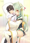  aqua_hair artist_name bed_sheet blurry blush brown_eyes character_print command_spell commentary_request dakimakura_(object) depth_of_field fate/grand_order fate_(series) female_pervert fujimaru_ritsuka_(male) hair_ornament heart horns indoors japanese_clothes kimono kiyohime_(fate/grand_order) long_hair long_sleeves looking_at_viewer minamura_haruki mouth_hold no_panties obi on_bed pelvic_curtain pervert pillow pillow_hug revision room sash sitting sitting_on_bed smile solo thighhighs twitter_username white_legwear wide_sleeves yellow_eyes 