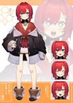  1girl absurdres ange_katrina ange_katrina_(1st_costume) black_coat blue_eyes blush cardigan closed_eyes coat dress grin hair_intakes hair_ornament hairclip hatyuuruinohito highres nijisanji red_cardigan red_hair short_hair smile sparkling_eyes virtual_youtuber white_dress 