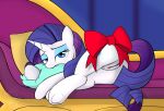anonyxnugax bedroom_eyes bite bow_ribbon christmas equid equine fainting_couch female feral friendship_is_magic furniture genitals hasbro hi_res holidays horn looking_at_viewer mammal my_little_pony narrowed_eyes pillow pillow_bite pillow_hug presenting pussy rarity_(mlp) seductive solo unicorn