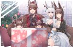  &gt;_&lt; 5girls :d absurdres akagi-chan_(azur_lane) akagi_(azur_lane) amagi-chan_(azur_lane) amagi_(azur_lane) animal_ears azur_lane bell black_kimono blue_eyes blue_skirt box breasts brown_hair christmas christmas_tree cleavage excited eyeshadow fake_antlers fox_ears fox_girl fox_tail full_body gift grin hair_bell hair_between_eyes hair_ornament hair_over_one_eye hairclip hairpin happy hat highres hug hug_from_behind in_box in_container indoors japanese_clothes kaga_(azur_lane) kimono kitsune large_breasts long_hair makeup medium_hair multiple_girls multiple_tails orange_eyes own_hands_together prank print_kimono red_eyes red_eyeshadow red_kimono samip santa_hat skirt slit_pupils smile surprised tail teeth upper_teeth_only very_long_hair white_hair white_kimono 