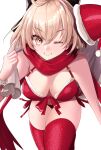  1girl absurdres alternate_costume bikini black_bow blonde_hair blush bow breasts brown_eyes christmas cleavage closed_mouth commentary_request fate/grand_order fate_(series) hair_between_eyes hair_bow hat highres holding holding_sack koha-ace looking_at_viewer medium_breasts nglhonn okita_souji_(fate) okita_souji_(koha-ace) one_eye_closed red_headwear red_scarf red_thighhighs sack santa_hat scarf short_hair simple_background smile solo swimsuit thighhighs white_background 