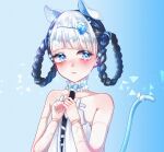  1girl animal_ears bambinata_(punishing:_gray_raven) black_hair blue_eyes blue_tail blush bob_cut braid cat_ears cat_tail choker doll_joints dress fake_animal_ears fake_tail frilled_choker frills hair_ornament heart heart-shaped_pupils heart_hair_ornament highres joints mechanical_arms mechanical_parts misoso_25 multicolored_hair punishing:_gray_raven ribbon short_dress solo symbol-shaped_pupils tail tail_ornament tail_ribbon twin_braids two-tone_hair white_choker white_dress white_hair 