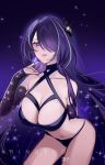  1girl absurdres acheron_(honkai:_star_rail) bare_shoulders black_panties breast_focus breasts cleavage close-up criss-cross_halter halterneck highres honkai:_star_rail honkai_(series) large_breasts long_hair navel panties parted_lips purple_eyes purple_hair ringeko-chan sketch solo underwear 