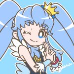  1girl ;) blue_background blue_eyes blue_hair blush bright_pupils closed_mouth crown cure_princess happinesscharge_precure! highres jewelry kuji-in long_hair looking_at_viewer low_wings magical_girl mayena mini_crown one_eye_closed outline precure shirayuki_hime sidelocks signature simple_background sleeveless smile solo twintails upper_body white_outline white_pupils wings wrist_cuffs 