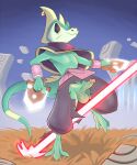 anthro atane27 balls black_eyes bottomwear clothed clothing digital_media_(artwork) genitals green_body hi_res holding_object holding_weapon katar laser lizard lizard_tail male mantle melee_weapon pants penis piercing reptile scalie solo tail topwear torn_clothing weapon windblown_(game)