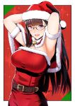  1girl armpits belt black_hair breasts brown_hair capelet christmas dress fur-trimmed_capelet fur-trimmed_dress fur-trimmed_headwear fur_trim glasses hat highres large_breasts long_hair looking_at_viewer merry_christmas nanahime open_mouth original purple_eyes red_capelet red_headwear santa_costume santa_dress santa_hat smile solo upper_body 