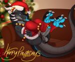 anthro anus arm_warmers armwear balls bell bell_harness butt carifoxleopard christmas christmas_card christmas_clothing christmas_decorations christmas_headwear christmas_lights christmas_ornament christmas_present christmas_tree claws clothing dragon elbow_gloves feet foot_focus foreskin furniture genitals gift gloves handwear harness hat headgear headwear holidays jingle_bell jingle_bell_harness jingle_bell_legband legwear looking_at_viewer male penis plant presenting presenting_hindquarters santa_hat sofa soles solo stockings toe_claws toes tree xero_(captainscales)