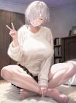  1girl barefoot black_skirt blush book bookshelf bra_strap breasts fur_sweater grin hair_over_one_eye huge_breasts indian_style indoors kurono_mitsuki lens_flare looking_at_viewer miniskirt open_clothes original short_hair sitting skirt smile sweater v white_hair white_sweater 