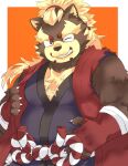 2023 anthro asian_clothing belly big_belly bone_color919 brown_body brown_fur canid canine clothed clothing east_asian_clothing fur goemon_(tas) hi_res humanoid_hands japanese_clothing kemono lifewonders male mammal one_eye_closed overweight overweight_male raccoon_dog simple_background solo tanuki tokyo_afterschool_summoners wink