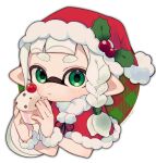  1girl braid cherry christmas closed_mouth commentary_request cupcake eating food fruit green_eyes hat inkling inkling_girl long_hair pointy_ears sahata_saba santa_hat simple_background solo splatoon_(series) splatoon_3 tentacle_hair upper_body white_background white_hair 