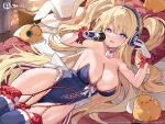  1girl absurdres animal_ear_headphones animal_ears artist_request azur_lane bird blonde_hair blue_eyes blue_leotard blue_thighhighs breasts chick commentary_request copyright_name curtains fake_animal_ears frilled_gloves frilled_leotard frills glint gloves guam_(azur_lane) guam_(stage-setting_charmer)_(azur_lane) hair_between_eyes hands_up hat head_on_pillow headphones highleg highleg_leotard highres holding holding_microphone indoors lamp large_breasts leotard long_hair looking_at_viewer lying manjuu_(azur_lane) microphone official_alternate_costume official_art on_side open_mouth pillow pink_eyes ribbon second-party_source star-shaped_pupils star_(symbol) strapless strapless_leotard sweat symbol-shaped_pupils thigh_gap thighhighs thighs tongue two_side_up unworn_hat unworn_headwear very_long_hair white_gloves white_headwear white_ribbon window wireless_microphone 