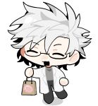  1boy :3 bag black_pants chibi chinese_commentary closed_eyes commentary_request glasses grey_shirt holding holding_bag kanou_aogu lab_coat long_sleeves male_focus open_mouth pants paper_bag round_eyewear saibou_shinkyoku shirt simple_background solo white_background white_hair xiaoyuweiliang 