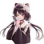  1girl animal_ears black_choker black_kimono blush breath brown_hair choker dog_ears heterochromia highres inui_toko inui_toko_(1st_costume) japanese_clothes kimono long_hair low_twintails maid_headdress nijisanji open_mouth red_eyes rikopin solo swept_bangs twintails very_long_hair virtual_youtuber wide_sleeves yellow_eyes 