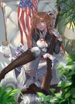 american_flag blush bolt_action boots brown_footwear brown_hair cross-laced_footwear fany girls_frontline gloves green_eyes gun hair_ribbon highres knee_boots lace-up_boots long_hair looking_at_viewer m1903_springfield m1903_springfield_(girls_frontline) parted_lips ribbon rifle solo torn_clothes weapon white_legwear 