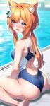  1girl absurdres animal_ear_fluff animal_ears ass barefoot blue_archive blue_eyes blue_one-piece_swimsuit blurry blurry_background blush competition_swimsuit day drain_(object) fang feet flower hair_between_eyes hair_flower hair_ornament hair_over_shoulder halo highres kurosaki_coco long_hair looking_at_viewer low_twintails mari_(blue_archive) one-piece_swimsuit open_mouth orange_hair outdoors pool poolside sitting skin_fang smile soles solo swimsuit twintails wariza water water_drop wet white_flower yellow_halo 