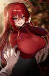  1girl absurdres ahoge black_pants blue_eyes blush breasts grin high_school_dxd highres holding_hands large_breasts long_hair long_sleeves looking_at_viewer pants red_hair red_sweater rias_gremory sidelocks smile solo_focus sweater tofuubear turtleneck turtleneck_sweater 