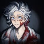  1boy blood blood_in_hair blood_on_clothes blood_on_face closed_mouth glasses grey_sweater highres kanou_aogu lab_coat looking_at_viewer male_focus portrait saibou_shinkyoku semi-rimless_eyewear short_hair solo sweater v-neck white_hair wide-eyed z_(xiannujiaomu172) 