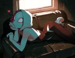  1girl bodysuit couch day hand_on_own_chin heart highres hood indoors looking_at_viewer lying marvel mask on_stomach optionaltypo shoes sneakers solo spider-gwen spider-man_(series) white_footwear 