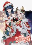  2023 2girls :d bare_shoulders blue_eyes blue_hair breasts byleth_(female)_(fire_emblem) byleth_(fire_emblem) cape character_doll christmas commentary_request da-cart dress edelgard_von_hresvelg fire_emblem fire_emblem:_three_houses fire_emblem_heroes gloves highres jewelry long_hair merry_christmas multiple_girls neck_ring off-shoulder_dress off_shoulder official_alternate_costume open_mouth red_cape red_dress red_headwear red_thighhighs smile stuffed_toy thighhighs white_gloves white_hair 