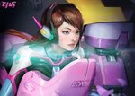  acronym animal_print asian bangs blue_bodysuit bodysuit brown_eyes brown_hair bunny_print close-up d.va_(overwatch) eyelashes facepaint facial_mark headphones high_collar highres hyun_sung_oh lips logo long_hair looking_away mecha meka_(overwatch) mirror_image nose overwatch parted_lips pilot_suit realistic ribbed_bodysuit serious shoulder_pads skin_tight solo swept_bangs upper_body whisker_markings 