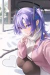  1girl blue_archive blue_eyes blush closed_mouth day halo heart highres jacket long_hair long_sleeves looking_at_viewer mechanical_halo melt_(melt_out1) open_clothes open_jacket outdoors pink_jacket purple_hair snow snowing solo two_side_up yuuka_(blue_archive) 