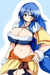  black_legwear blue_eyes blue_hair breasts cleavage final_fantasy final_fantasy_crystal_chronicles fur_trim hand_on_hip highres huge_breasts long_hair looking_at_viewer midriff selkie skirt smile solo taku_(yakumodaisuki) thighhighs very_long_hair 